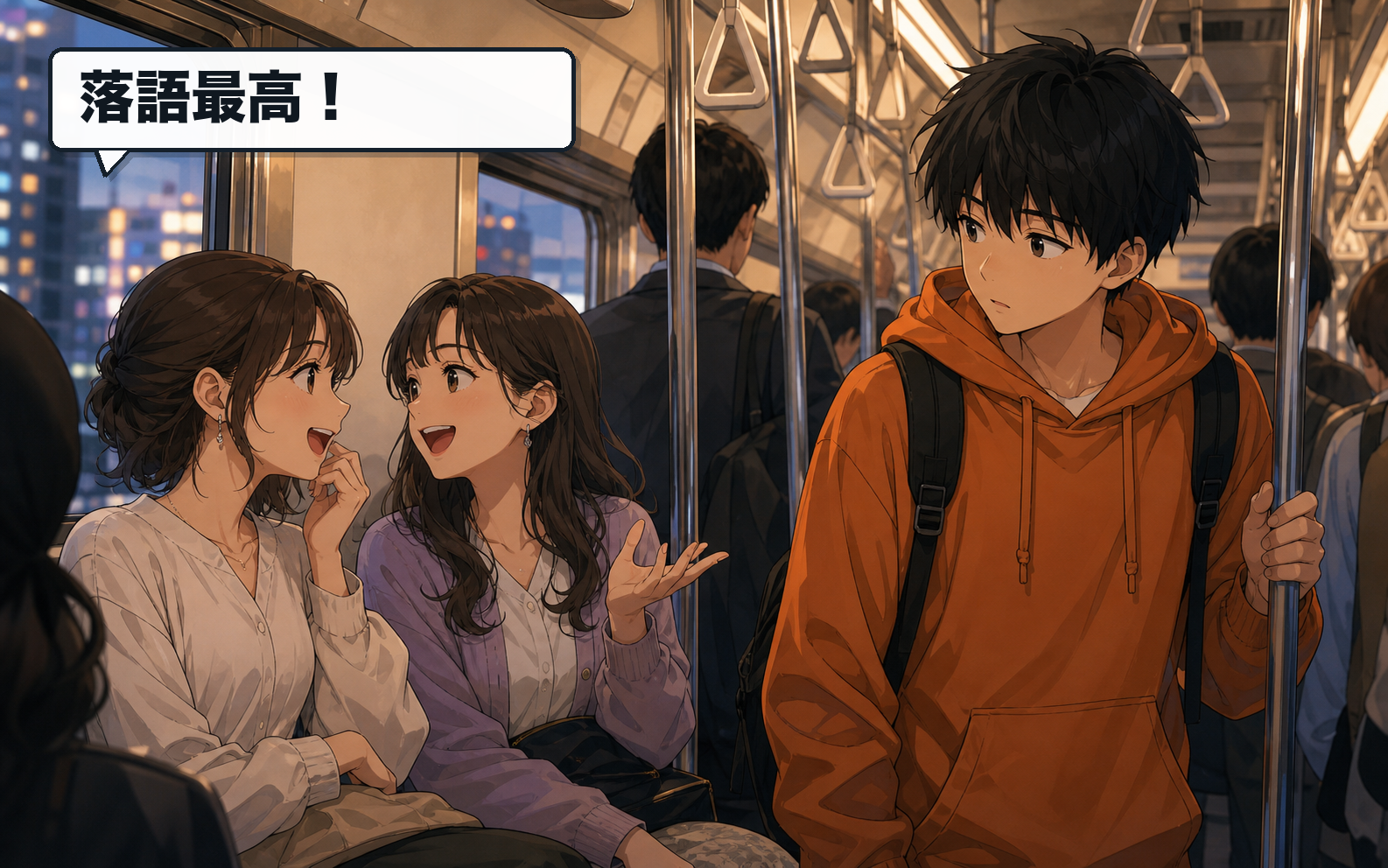 電車内で落語の話をする女性たちと、それをなんとなく聞いている主人公。セリフ：落語最高！