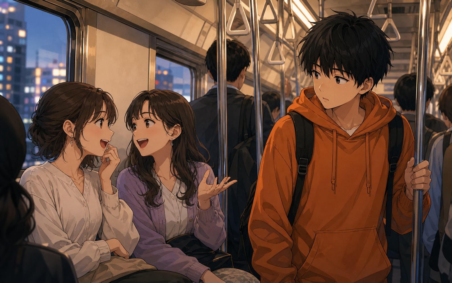電車内で落語の話をする女性たちと、それをなんとなく聞いている主人公。