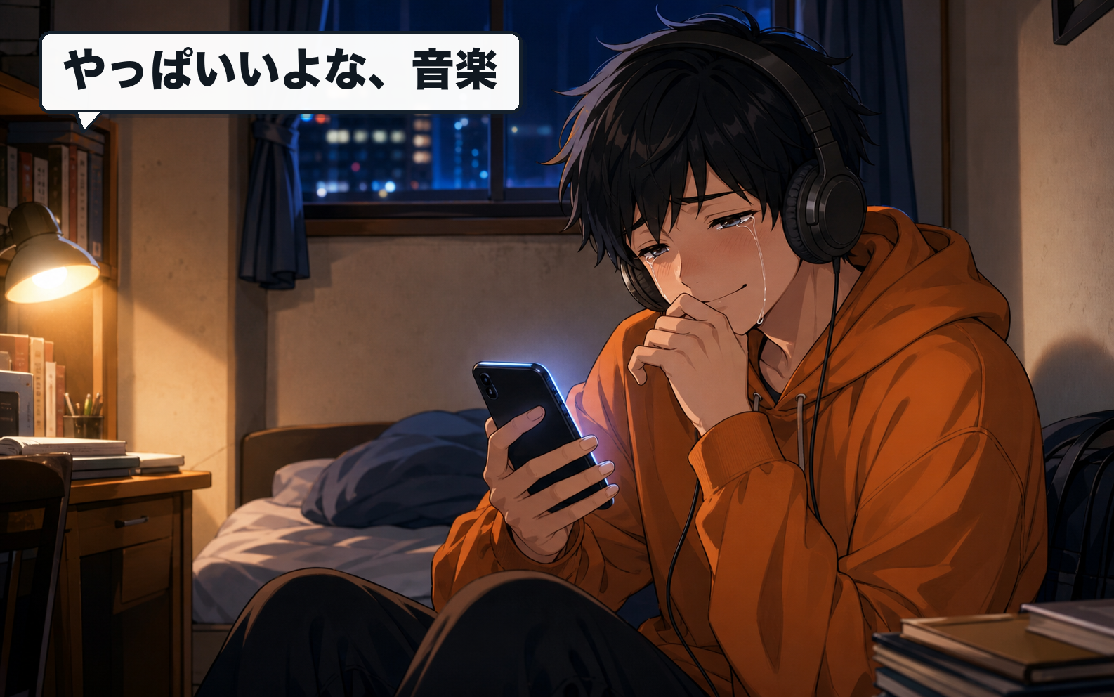 狭い部屋でスマホを見ながら、ヘッドフォンで音楽に涙する主人公。セリフ：やっぱいいよな、音楽