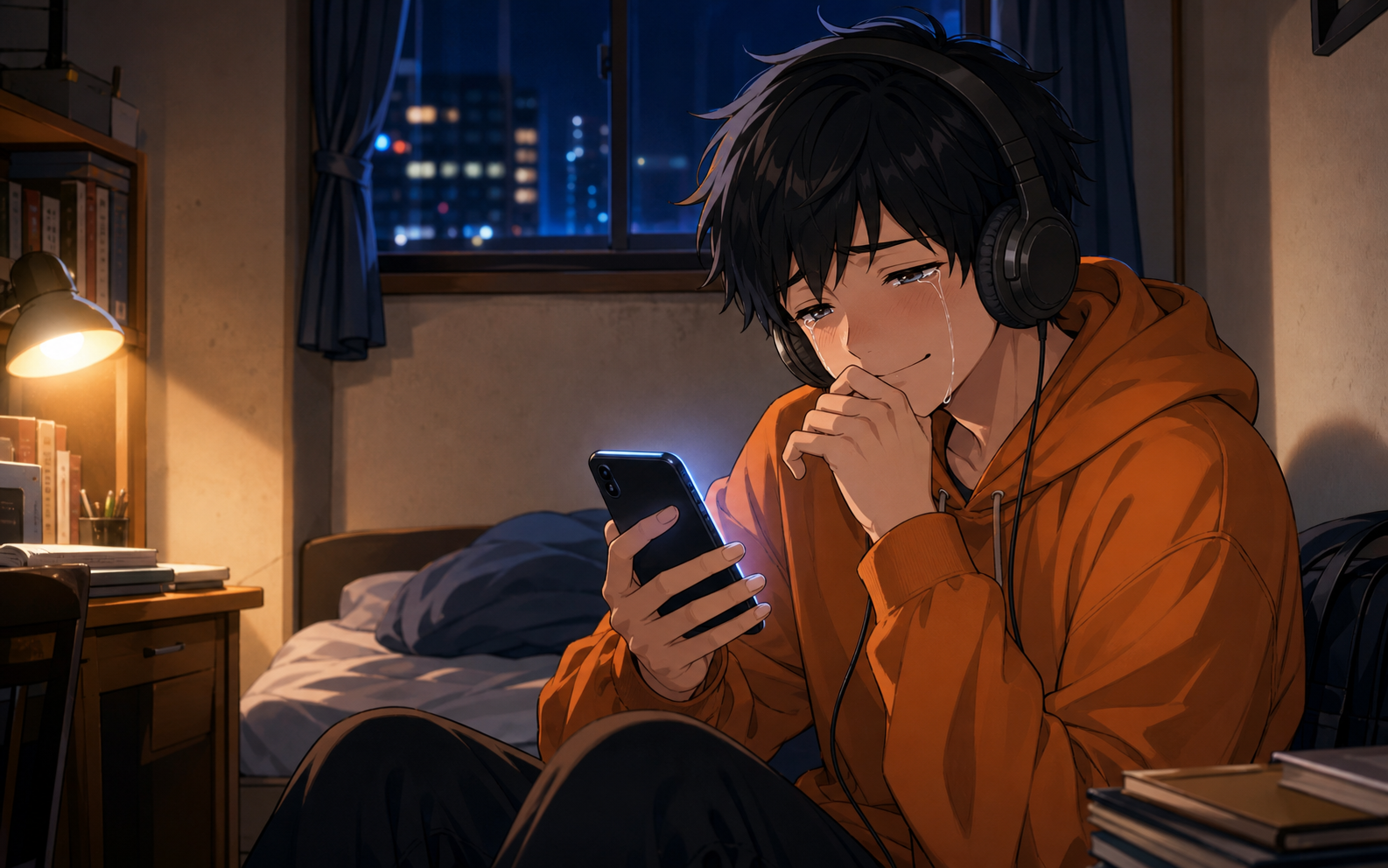 狭い部屋でスマホを見ながら、ヘッドフォンで音楽に涙する主人公。