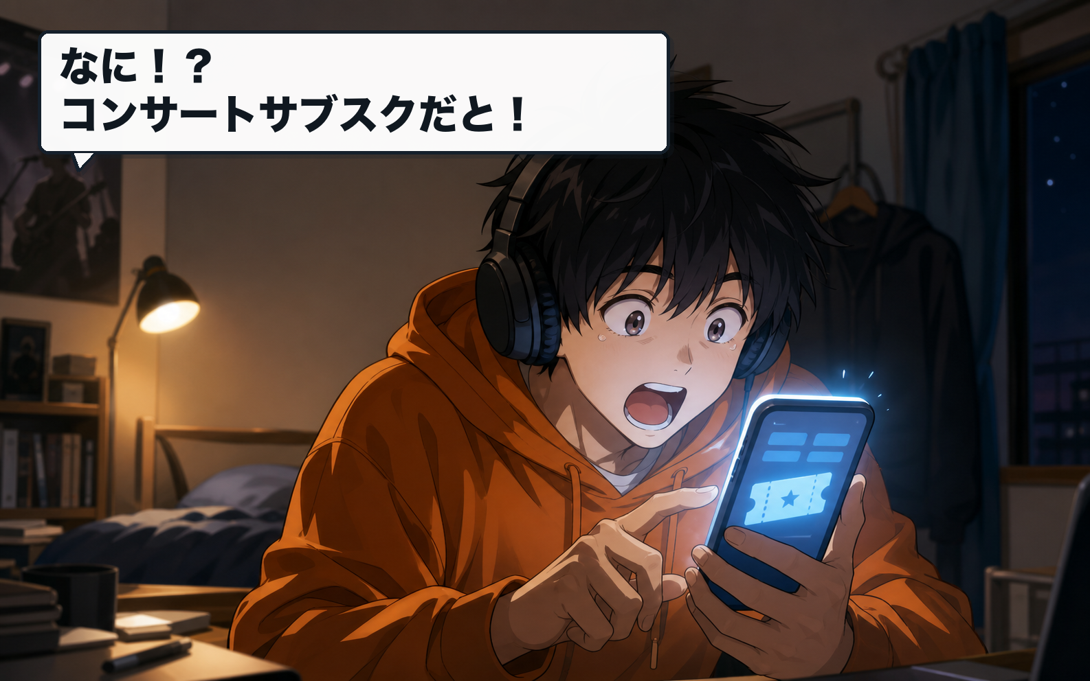 スマホでコンサートサブスクを見つけて驚く主人公。セリフ：なに！？コンサートサブスクだと！
