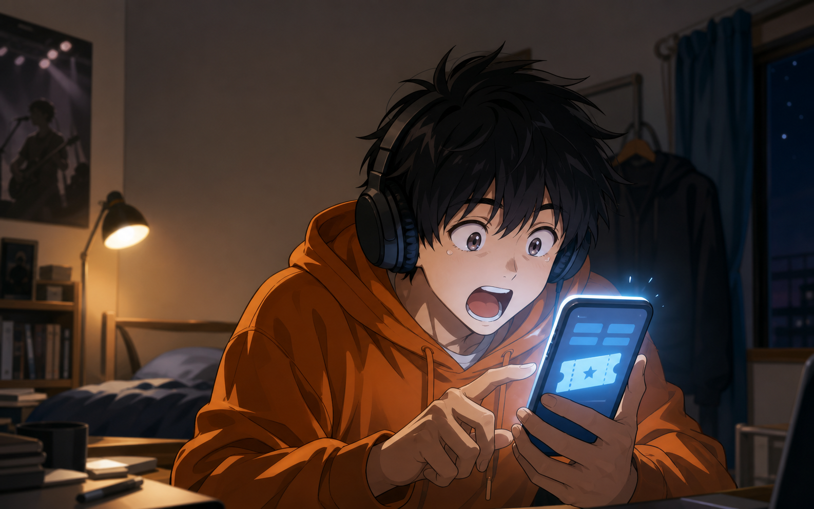 スマホでコンサートサブスクを見つけて驚く主人公。