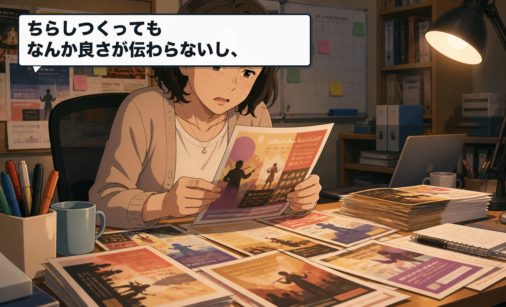 ちらしを見ながら良さが伝わらないと悩む興行側の女性。セリフ：ちらしつくってもなんか良さが伝わらないし、