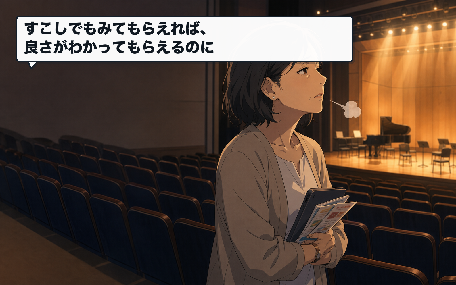 空席のある会場でため息をつく興行側の女性。セリフ：すこしでもみてもらえれば、良さがわかってもらえるのに
