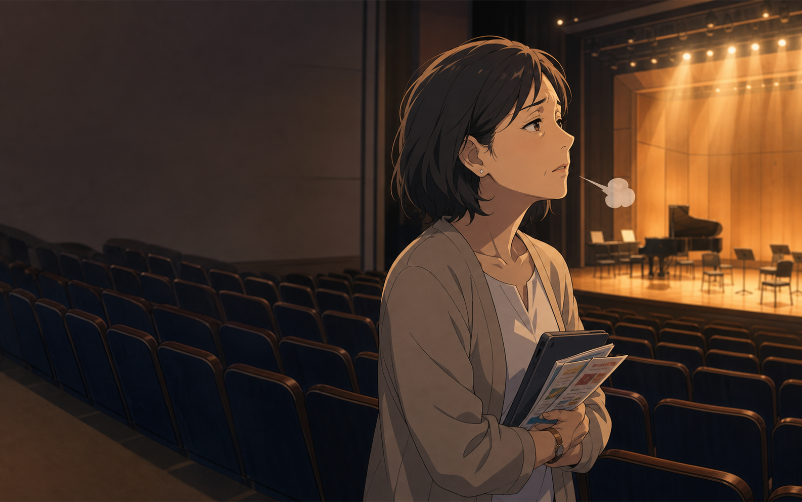 空席のある会場でため息をつく興行側の女性。