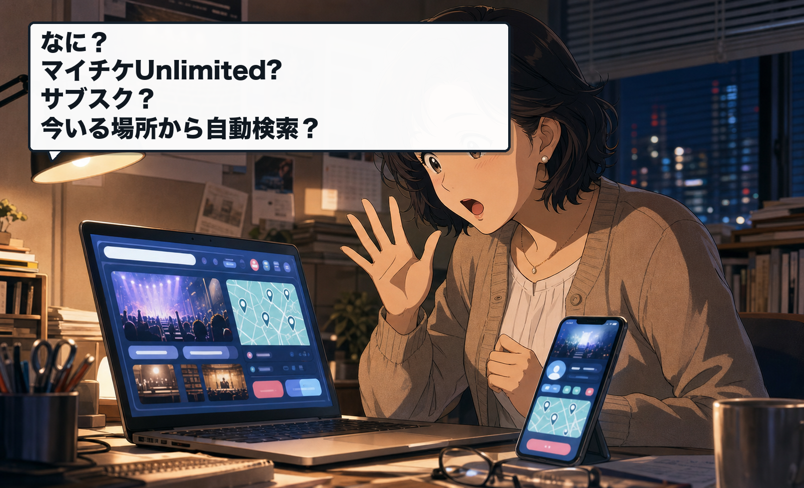 マイチケUnlimitedを見つけて驚く興行側の女性。セリフ：なに？マイチケUnlimited?サブスク？今いる場所から自動検索？