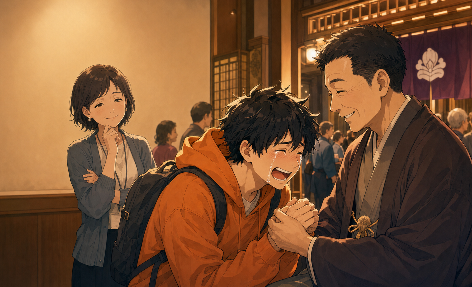 主人公が落語家にファンになりましたと泣きつき、それを興行側の女性が微笑んで見ている。